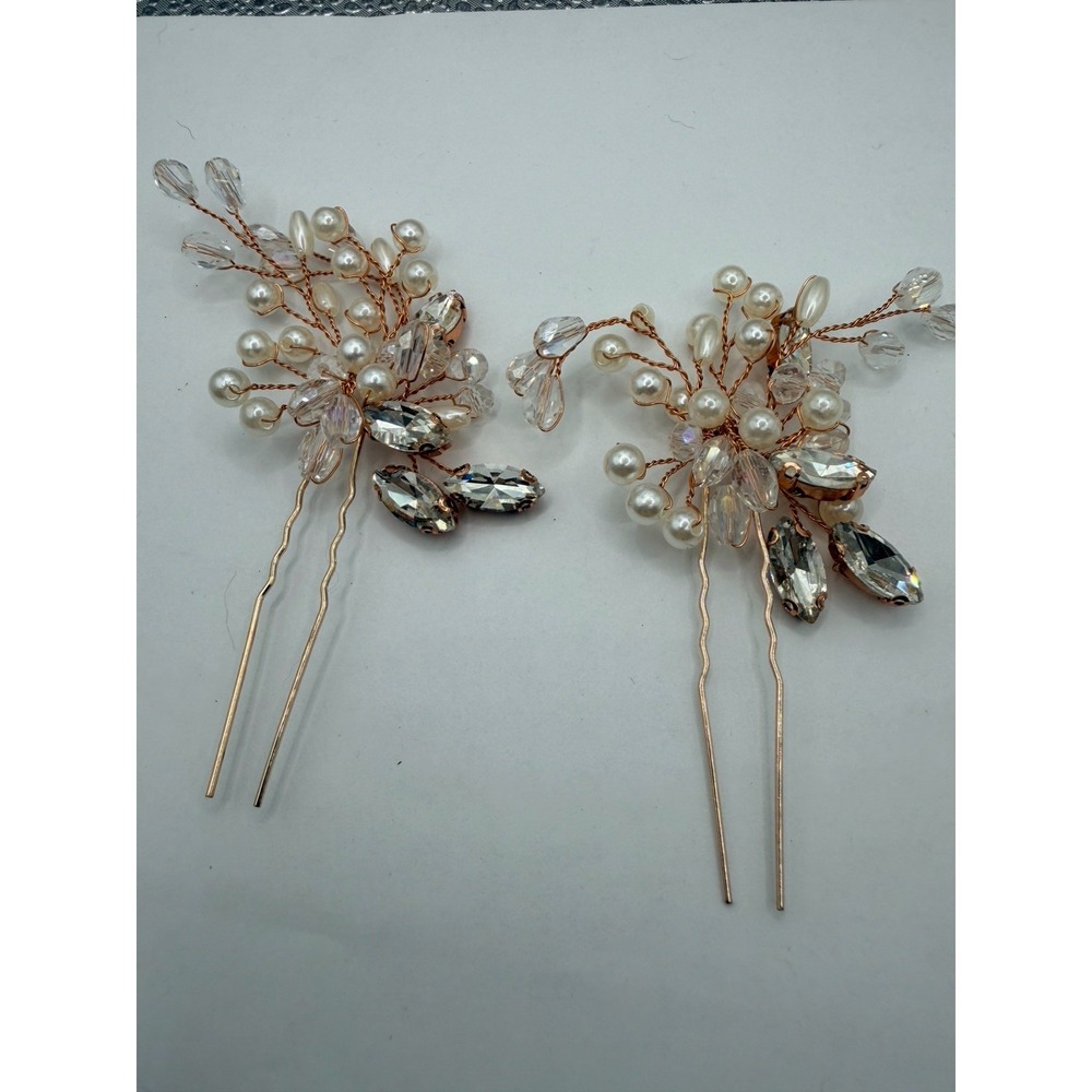 Set of 2 Rose Gold Tone Faux Pearl and Crystal Bridal Hair Pins Wedding Acc